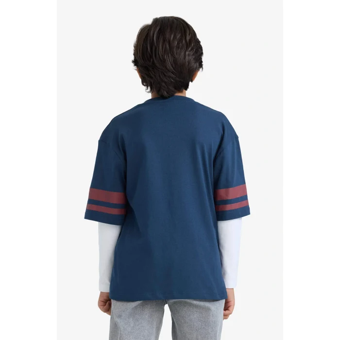 Defacto E9659A8NV218 Lacivert Erkek Çocuk Oversize Geniş Kalıp V Yaka Baskılı Uzun Kollu Tişört