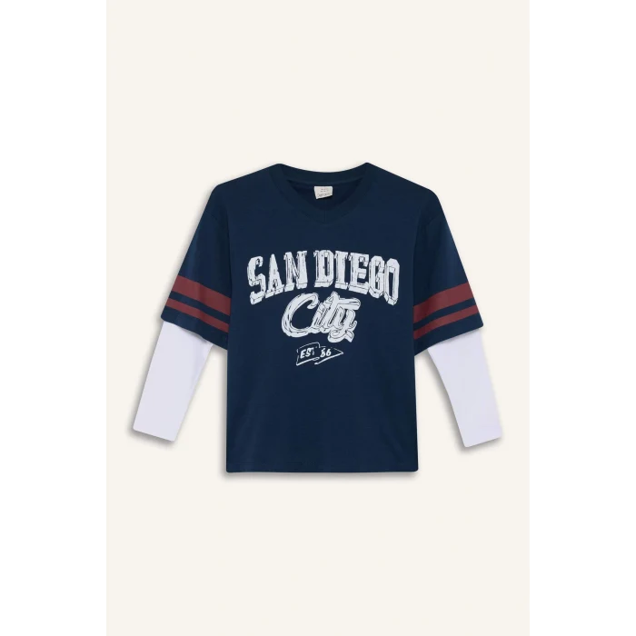 Defacto E9659A8NV218 Lacivert Erkek Çocuk Oversize Geniş Kalıp V Yaka Baskılı Uzun Kollu Tişört