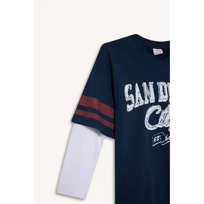 Defacto E9659A8NV218 Lacivert Erkek Çocuk Oversize Geniş Kalıp V Yaka Baskılı Uzun Kollu Tişört