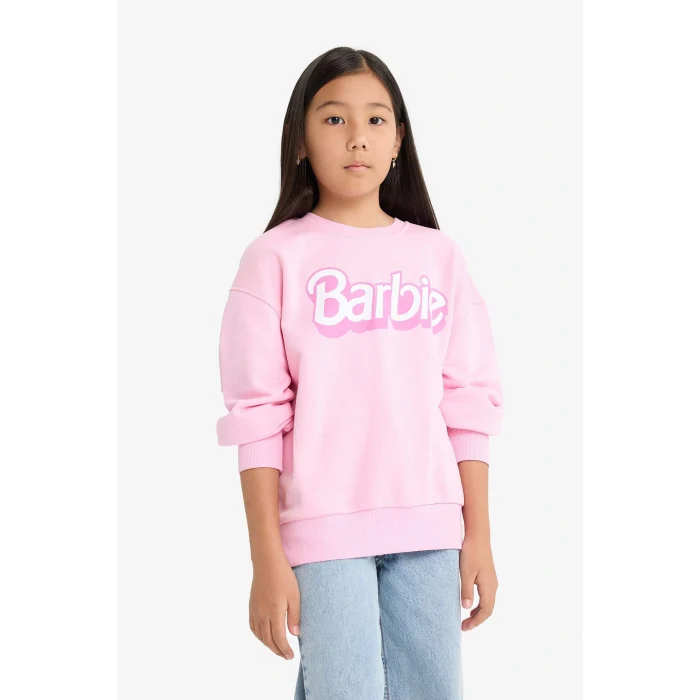 Defacto F1090A8PN666 Pembe Kız Çocuk Barbie Oversize Geniş Kalıp Bisiklet Yaka Sweatshirt