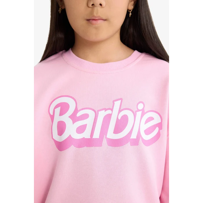 Defacto F1090A8PN666 Pembe Kız Çocuk Barbie Oversize Geniş Kalıp Bisiklet Yaka Sweatshirt