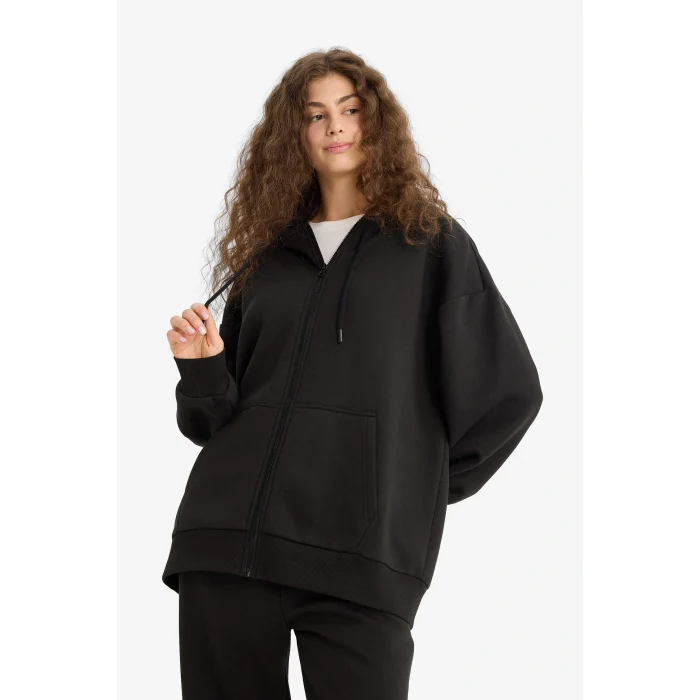 Defacto V4233AZBK81 Siyah Oversize Geniş Kalıp Kapüşonlu Fermuarlı Sweatshirt