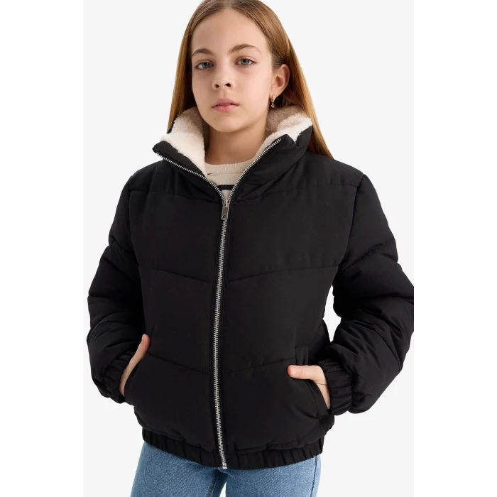 Defacto C5390A8BK27 Siyah Kız Çocuk Pelüş Astar Fermuarlı Mont