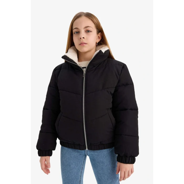 Defacto C5390A8BK27 Siyah Kız Çocuk Pelüş Astar Fermuarlı Mont