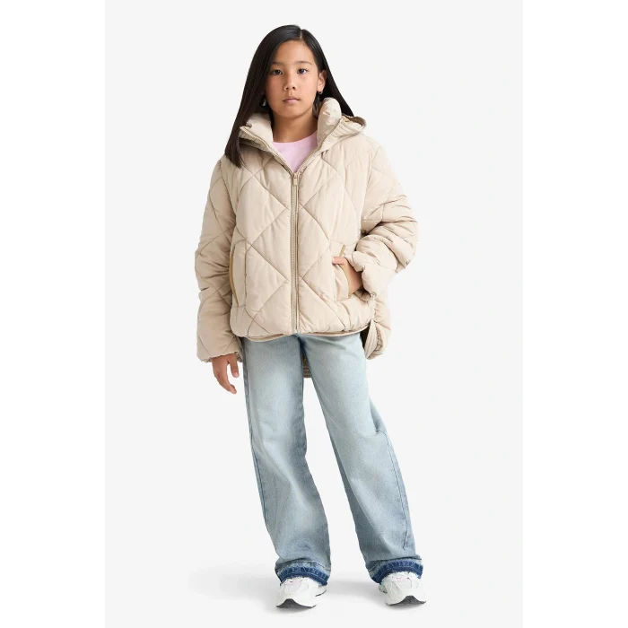 Defacto E9811A8BG123 Bej Kız Çocuk Su Geçirmez Kapüşonlu Fermuarlı Mont
