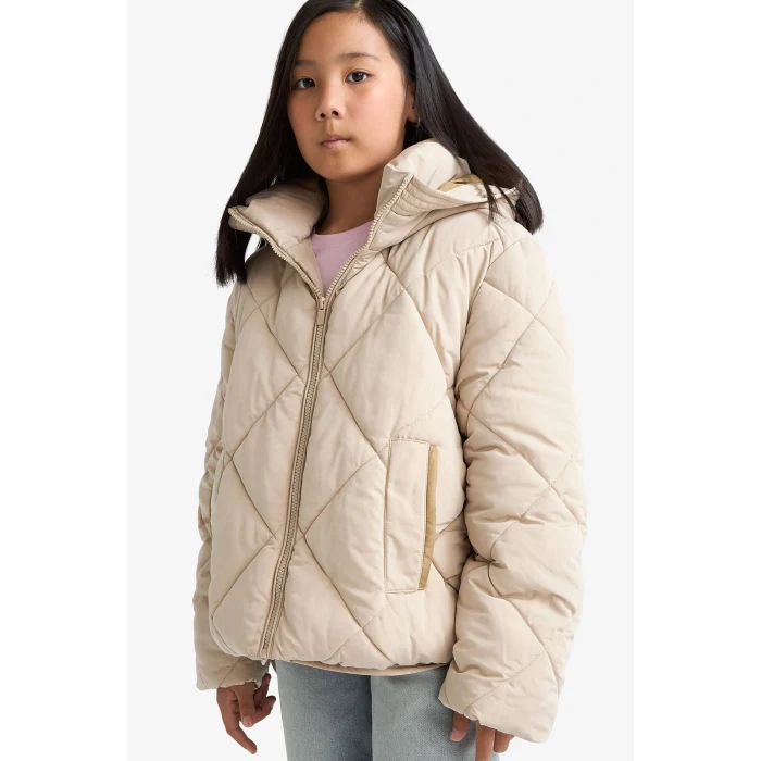 Defacto E9811A8BG123 Bej Kız Çocuk Su Geçirmez Kapüşonlu Fermuarlı Mont