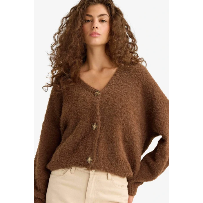 Defacto K7886AZBN322 Kahve Oversize Geniş Kalıp V Yaka Triko Hırka