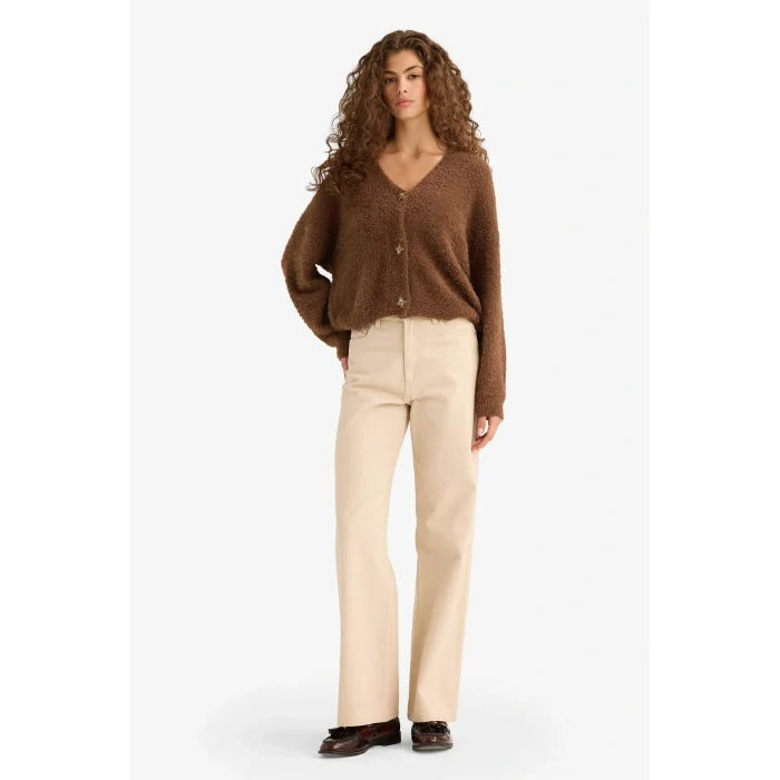Defacto K7886AZBN322 Kahve Oversize Geniş Kalıp V Yaka Triko Hırka