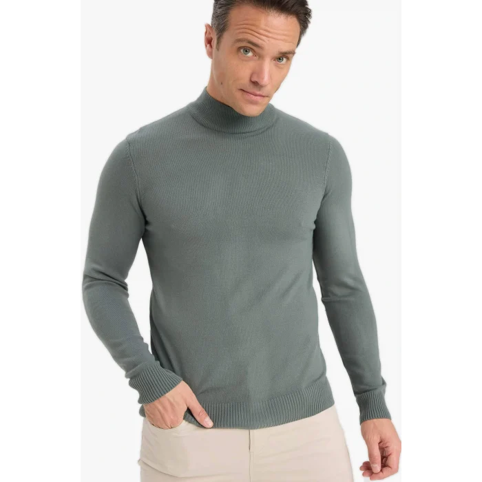 Defacto R1127AZKH412 Haki Slim Fit Dar Kesim Balıkçı Yaka Basic Düz Triko Kazak