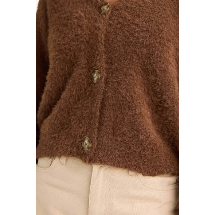 Defacto K7886AZBN322 Kahve Oversize Geniş Kalıp V Yaka Triko Hırka