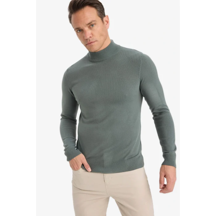 Defacto R1127AZKH412 Haki Slim Fit Dar Kesim Balıkçı Yaka Basic Düz Triko Kazak