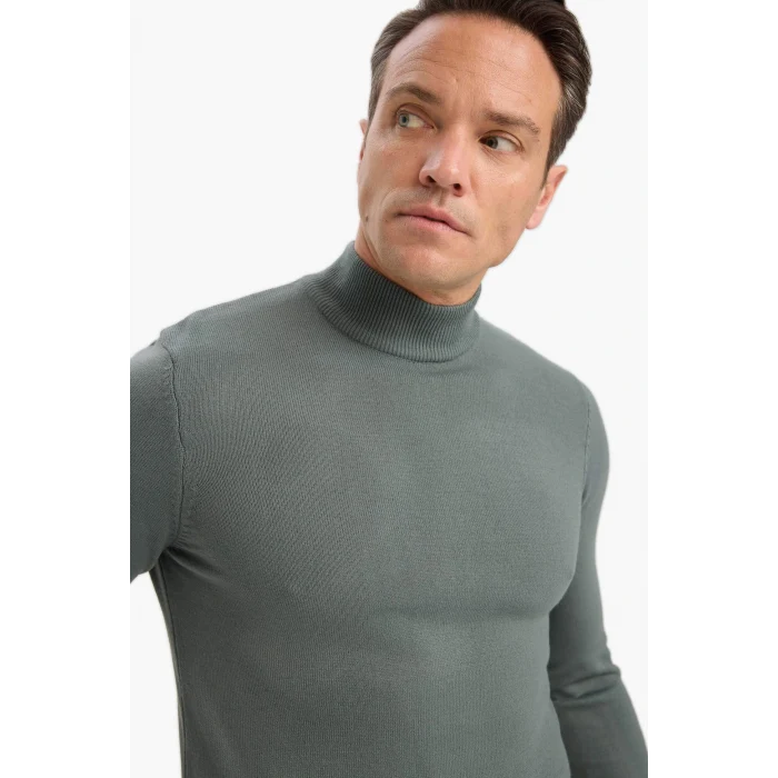 Defacto R1127AZKH412 Haki Slim Fit Dar Kesim Balıkçı Yaka Basic Düz Triko Kazak