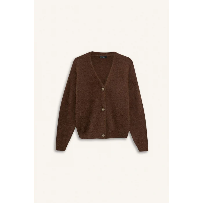 Defacto K7886AZBN322 Kahve Oversize Geniş Kalıp V Yaka Triko Hırka