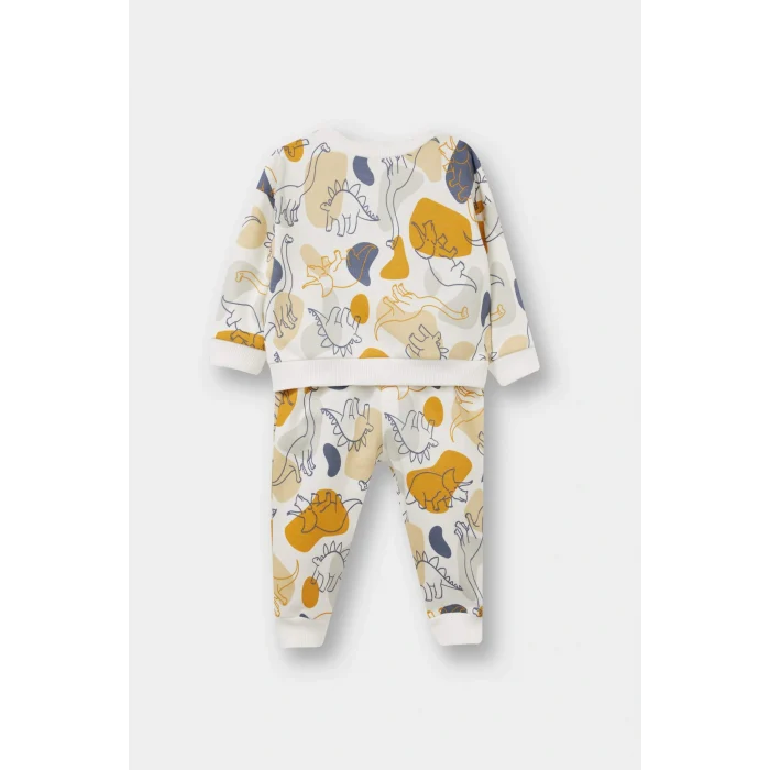 Defacto F0216A5ER42 Ekru Erkek Bebek 2li Takım Dinozor Baskılı Sweatshirt Eşofman Altı