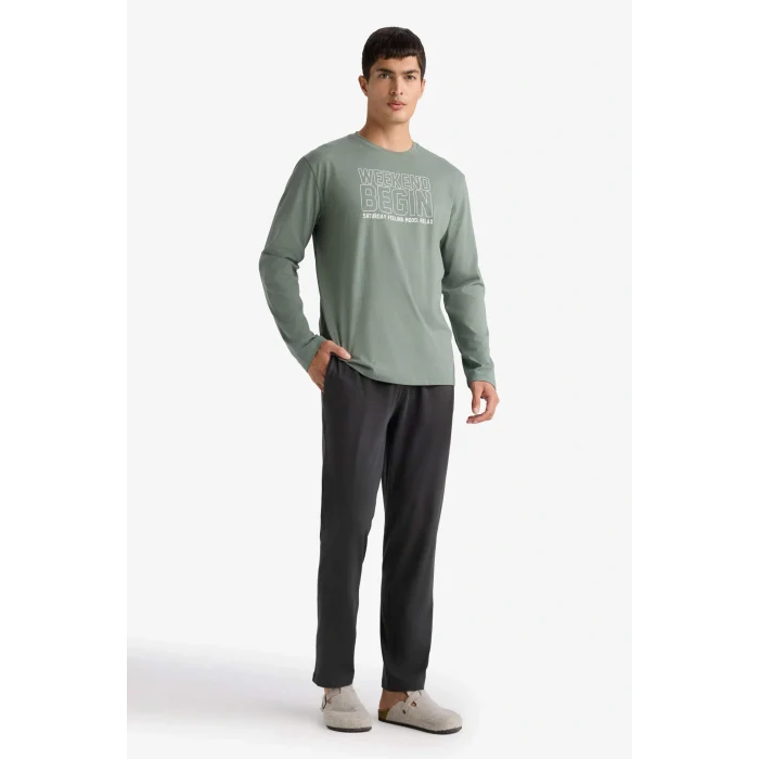 Defacto D0940AXKH430 Haki Pijama Takımı Regular Fit Baskılı Uzun Kollu Üst Uzun Alt