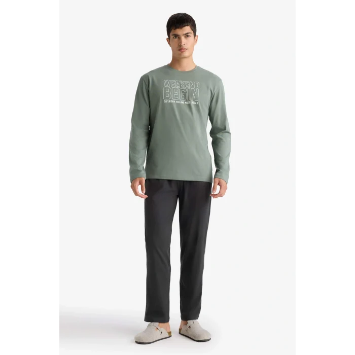 Defacto D0940AXKH430 Haki Pijama Takımı Regular Fit Baskılı Uzun Kollu Üst Uzun Alt