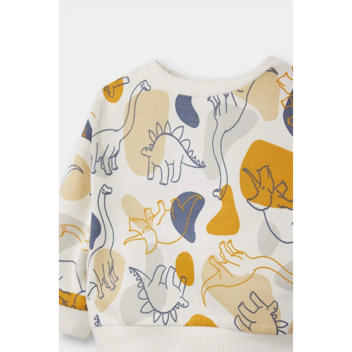 Defacto F0216A5ER42 Ekru Erkek Bebek 2li Takım Dinozor Baskılı Sweatshirt Eşofman Altı
