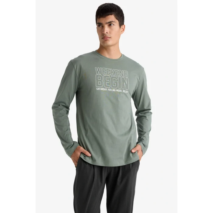 Defacto D0940AXKH430 Haki Pijama Takımı Regular Fit Baskılı Uzun Kollu Üst Uzun Alt