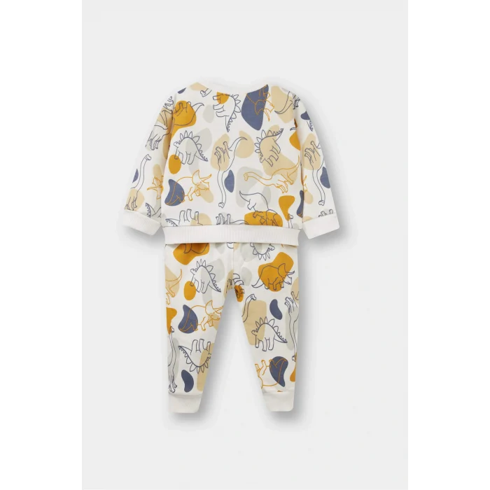 Defacto F0216A5ER42 Ekru Erkek Bebek 2li Takım Dinozor Baskılı Sweatshirt Eşofman Altı