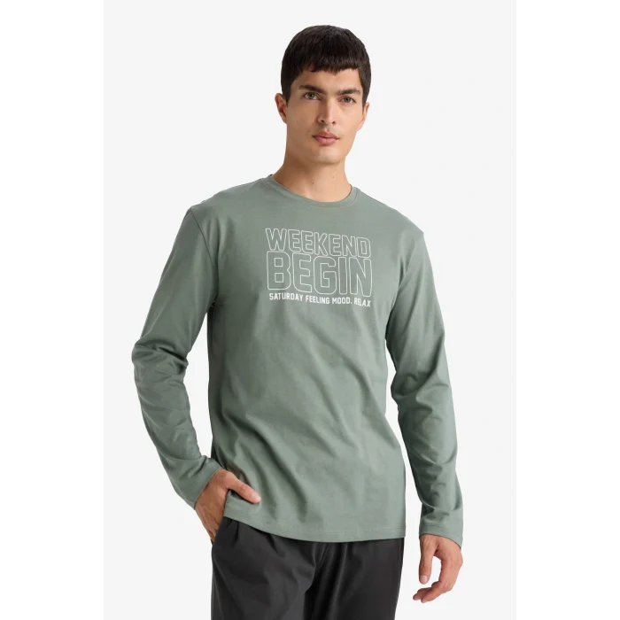 Defacto D0940AXKH430 Haki Pijama Takımı Regular Fit Baskılı Uzun Kollu Üst Uzun Alt