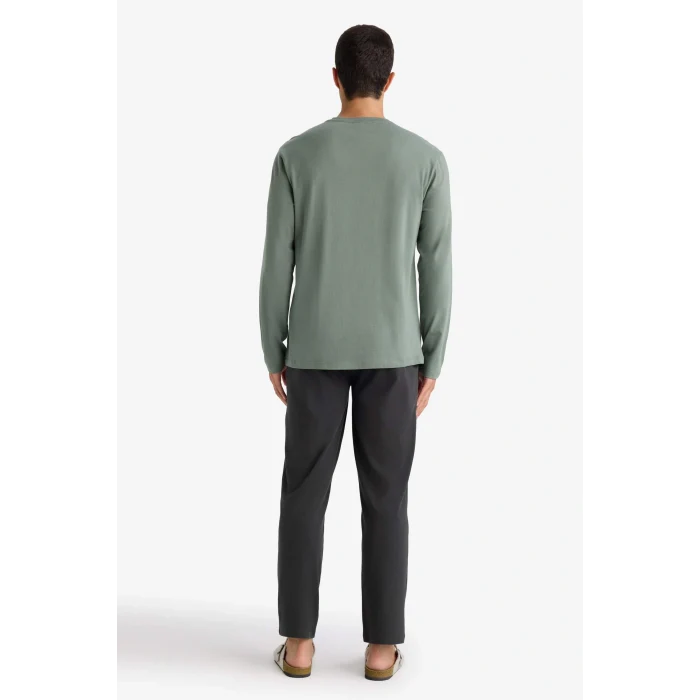 Defacto D0940AXKH430 Haki Pijama Takımı Regular Fit Baskılı Uzun Kollu Üst Uzun Alt