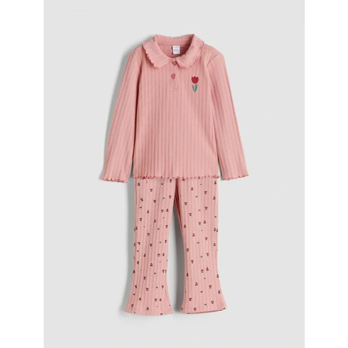 LCW Kids Pembe Polo Yaka Çiçekli Kız Çocuk Tişört ve Tayt