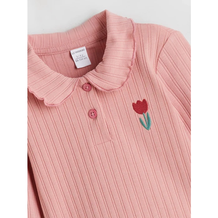 LCW Kids Pembe Polo Yaka Çiçekli Kız Çocuk Tişört ve Tayt