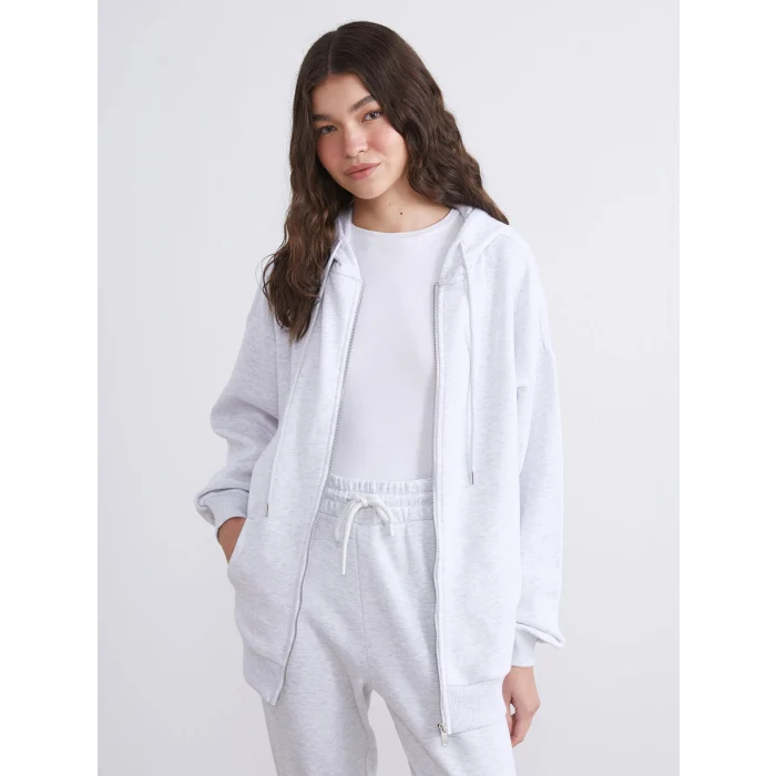 XSIDE Gri Kapüşonlu Oversize Kadın Kalın Fermuarlı Sweatshirt