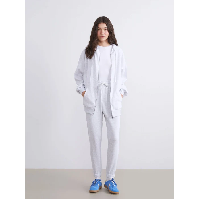 XSIDE Gri Kapüşonlu Oversize Kadın Kalın Fermuarlı Sweatshirt