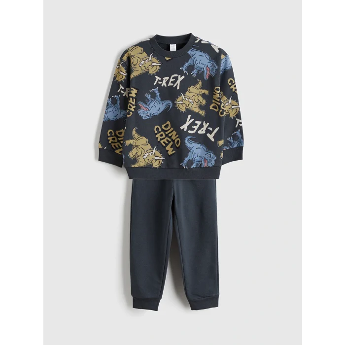 LCW Kids Antrasit Bisiklet Yaka Baskılı Uzun Kollu Erkek Çocuk Sweatshirt ve Pantolon