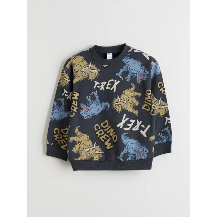 LCW Kids Antrasit Bisiklet Yaka Baskılı Uzun Kollu Erkek Çocuk Sweatshirt ve Pantolon