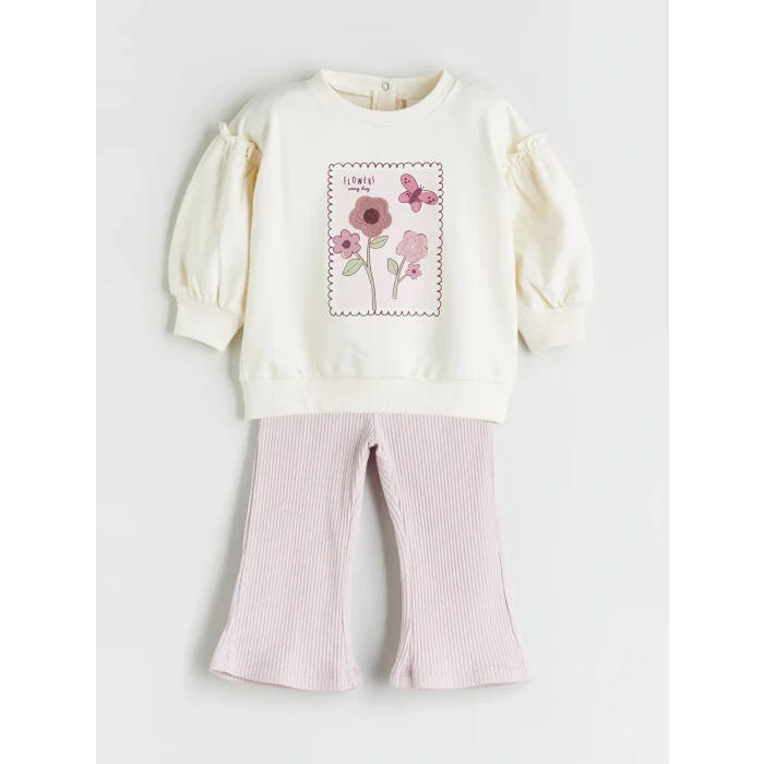 LC WAIKIKI Ekru Çiçekli Kız Bebek Sweatshirt ve Tayt 2li