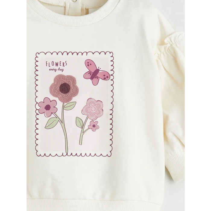 LC WAIKIKI Ekru Çiçekli Kız Bebek Sweatshirt ve Tayt 2li