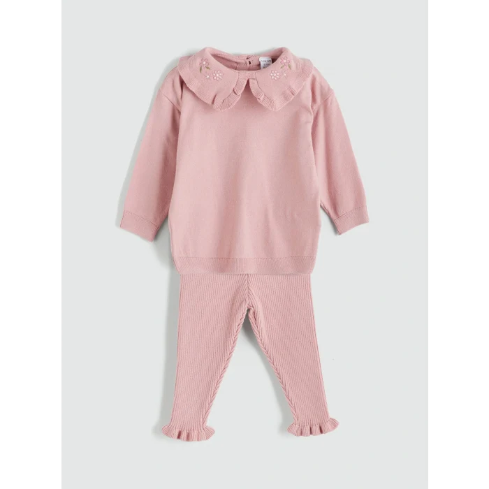 LC WAIKIKI Pembe Bebe Yaka Kız Bebek Triko Sweatshirt ve Tayt 2li