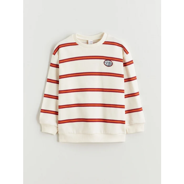 LCW Kids Bej Bisiklet Yaka Çizgili Erkek Çocuk Sweatshirt