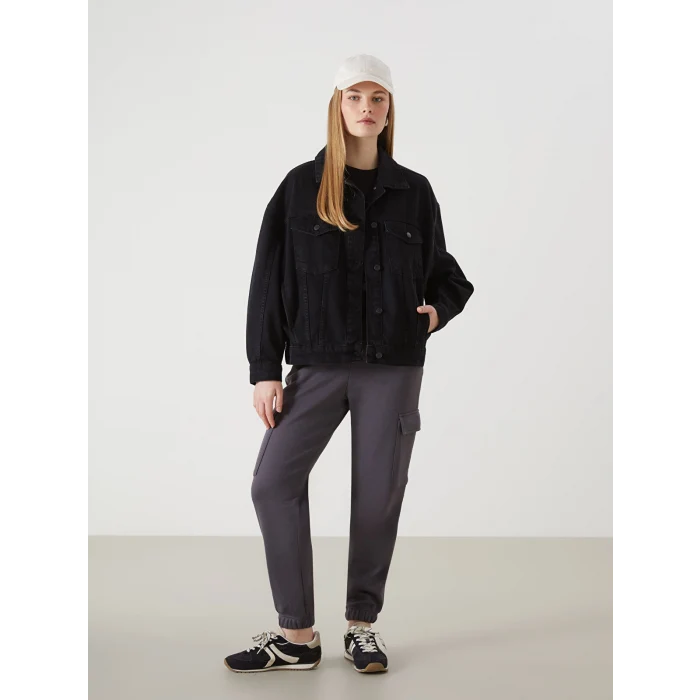 LCW Vision Siyah Gömlek Yaka Oversize Kadın Jean Ceket