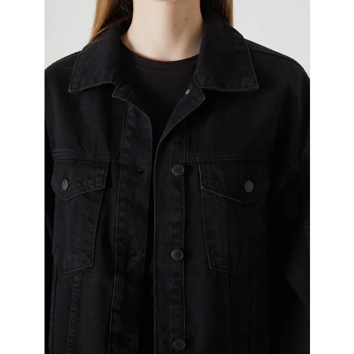 LCW Vision Siyah Gömlek Yaka Oversize Kadın Jean Ceket