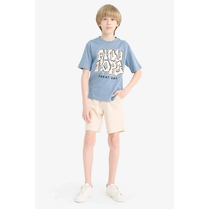 Defacto E4690 İndigo Erkek Çocuk 2li Takım Baskılı Kısa Kollu Tişört Şort