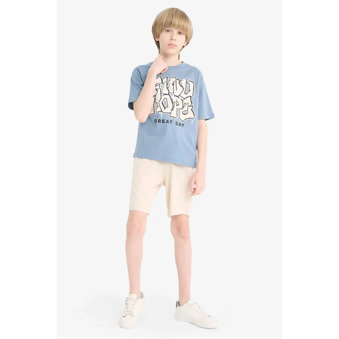 Defacto E4690 İndigo Erkek Çocuk 2li Takım Baskılı Kısa Kollu Tişört Şort