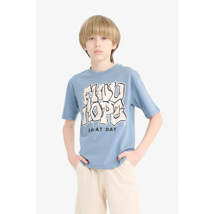 Defacto E4690 İndigo Erkek Çocuk 2li Takım Baskılı Kısa Kollu Tişört Şort