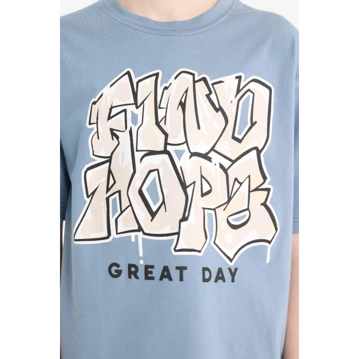 Defacto E4690 İndigo Erkek Çocuk 2li Takım Baskılı Kısa Kollu Tişört Şort