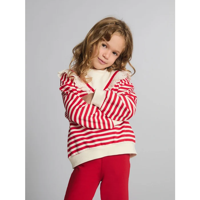 LCW Kids Kırmızı Bisiklet Yaka Çizgili Kız Çocuk Sweatshirt ve Tayt 2li Takım
