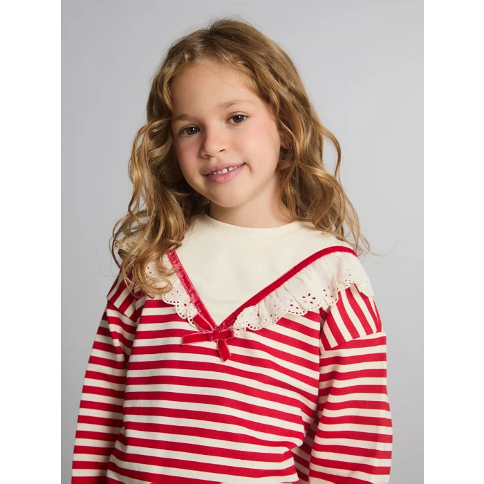 LCW Kids Kırmızı Bisiklet Yaka Çizgili Kız Çocuk Sweatshirt ve Tayt 2li Takım