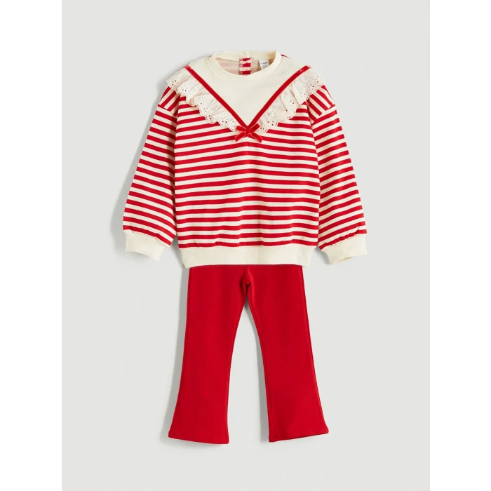 LCW Kids Kırmızı Bisiklet Yaka Çizgili Kız Çocuk Sweatshirt ve Tayt 2li Takım