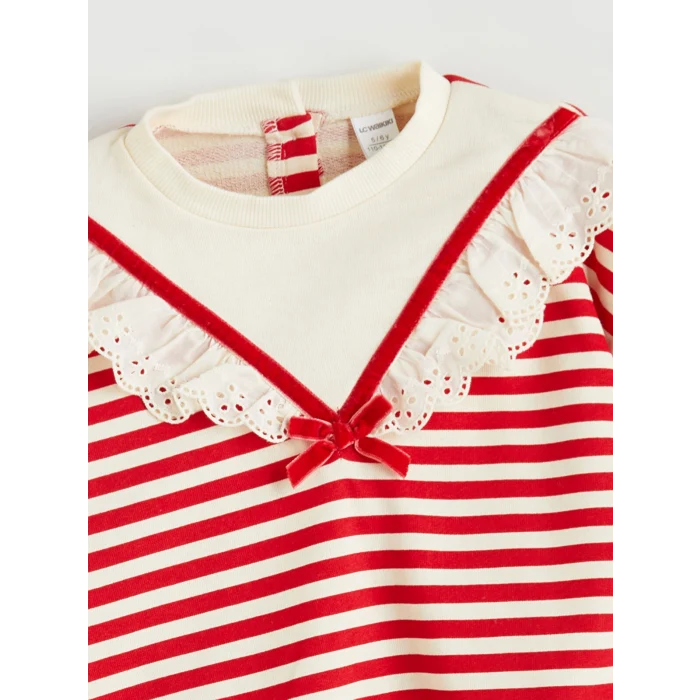 LCW Kids Kırmızı Bisiklet Yaka Çizgili Kız Çocuk Sweatshirt ve Tayt 2li Takım