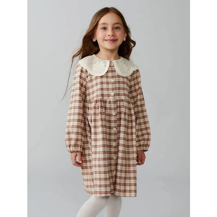LCW Kids Bej Bebe Yaka Ekose Desen Flanel Kız Çocuk Elbise