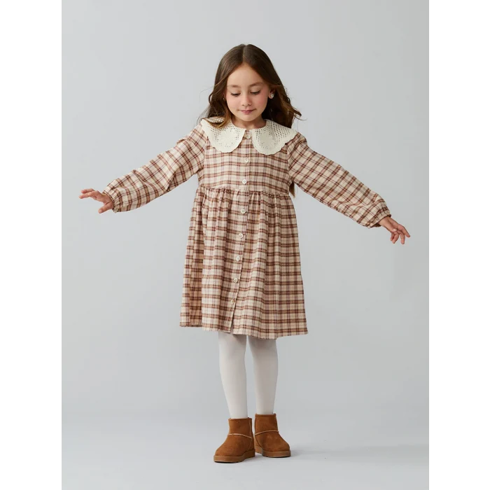 LCW Kids Bej Bebe Yaka Ekose Desen Flanel Kız Çocuk Elbise