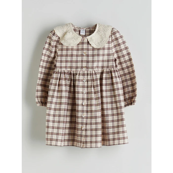 LCW Kids Bej Bebe Yaka Ekose Desen Flanel Kız Çocuk Elbise