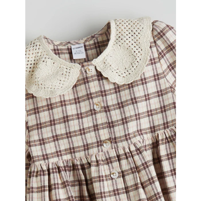 LCW Kids Bej Bebe Yaka Ekose Desen Flanel Kız Çocuk Elbise