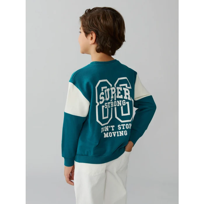 LCW Kids Yeşil Bisiklet Yaka Baskılı Erkek Çocuk Sweatshirt